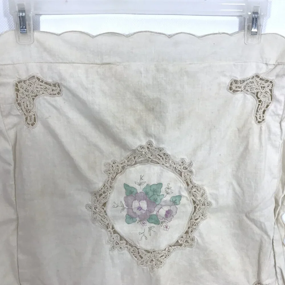 Vintage 70s Accent Pillow Cover Lace Needlepoint Floral Ruffle